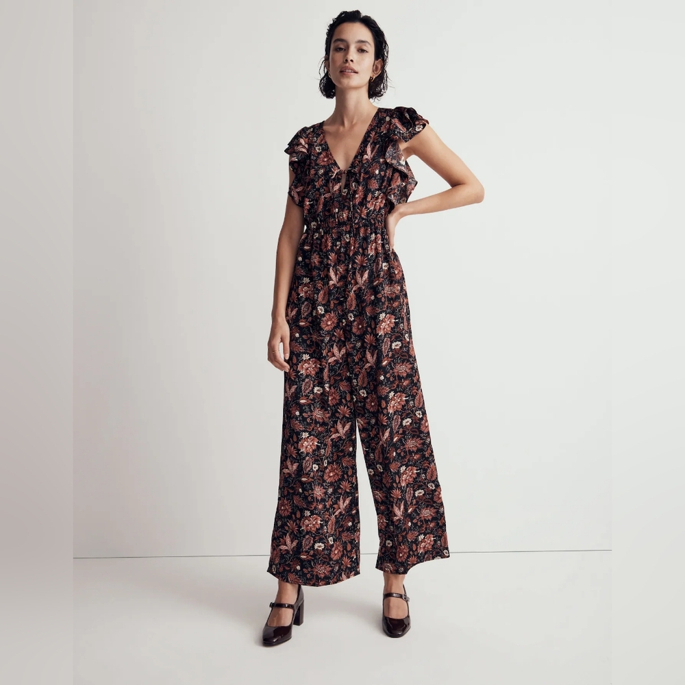 Madewell Deep-V Ruffled Jumpsuit In Pampas Blooms‎ Women's Floral Wide Leg Small